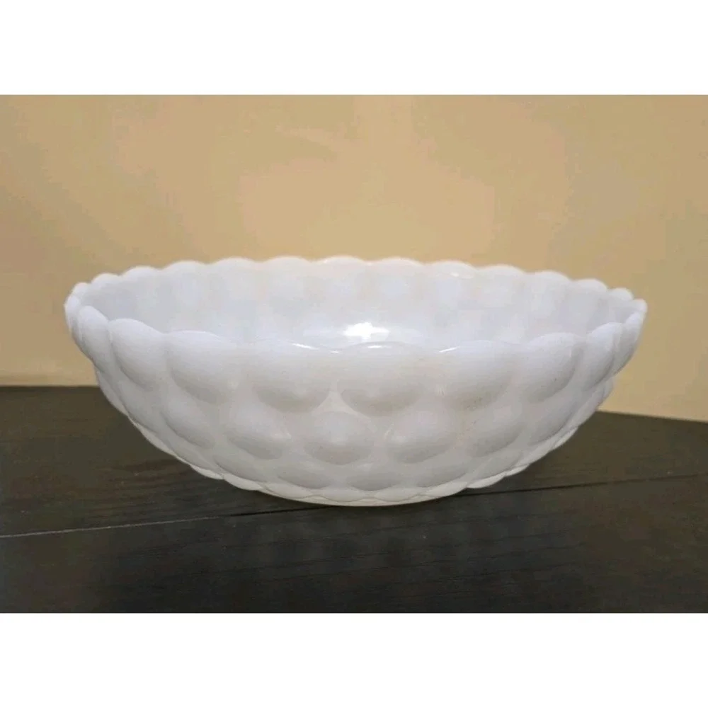 Vintage Anchor Hocking White Milk Glass Hobnail Bubble Pattern Serving Bowl